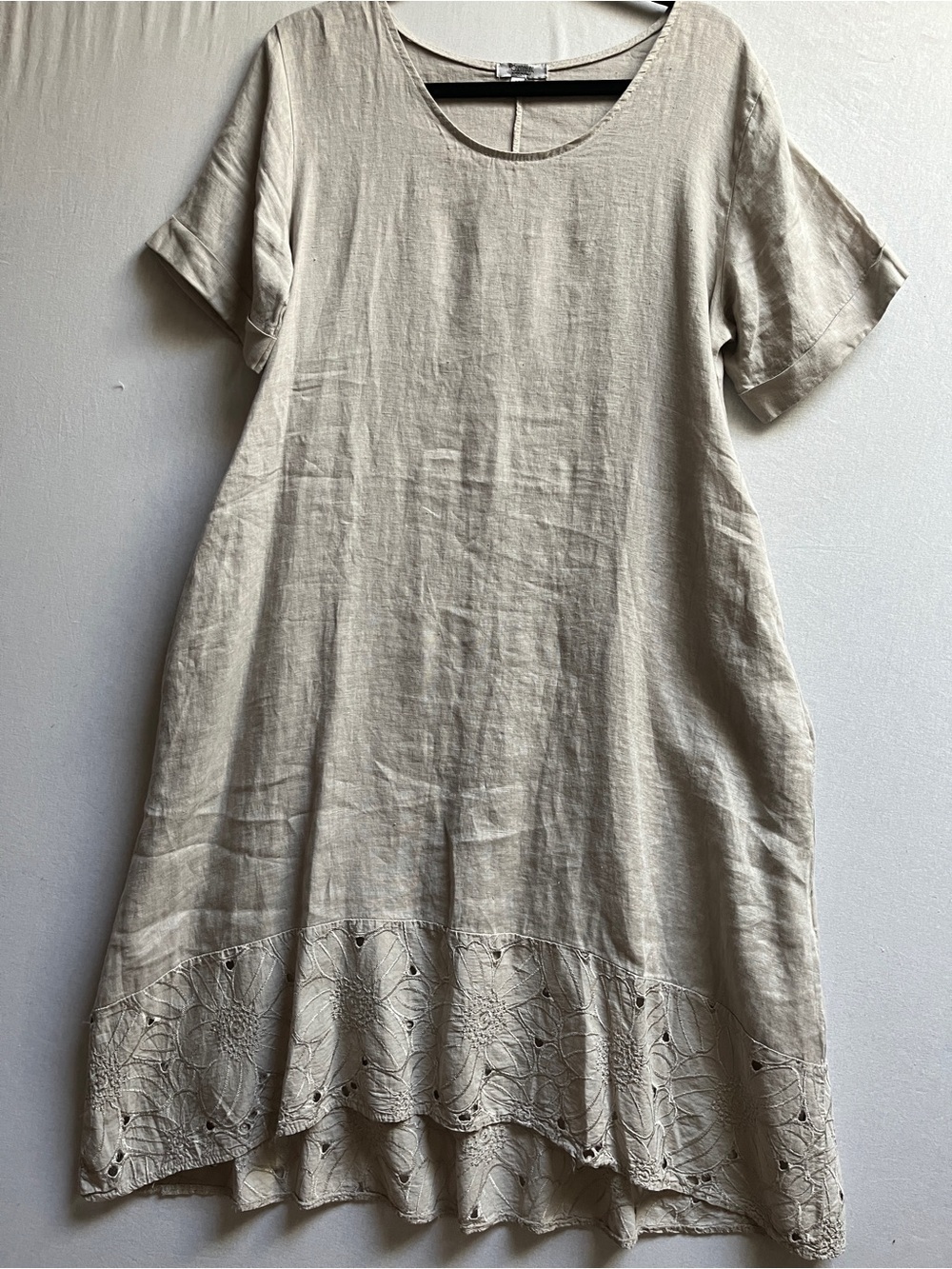 Rosemarine Beige 100% Linen Midi Dress Eyelet Hem M